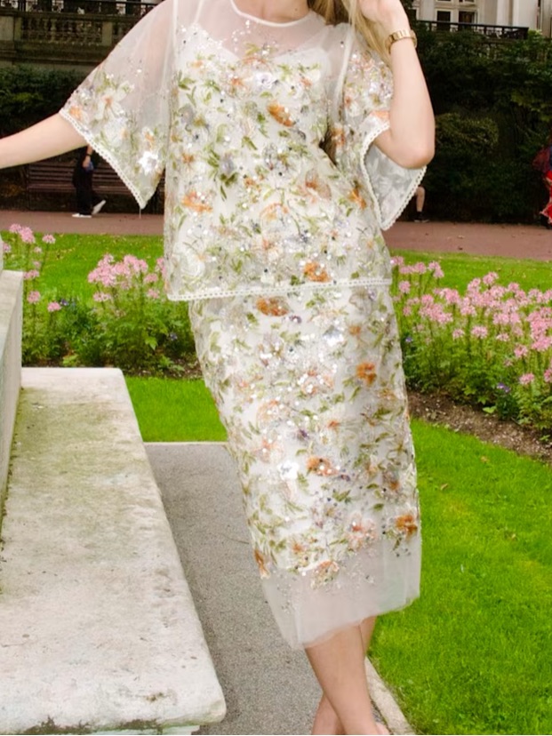 Floral Embroidered White Midi Skirt
